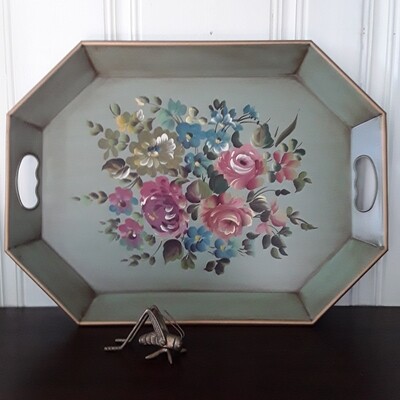Vintage NASHCO Hand-Painted Green Metal Floral Toleware Tray
