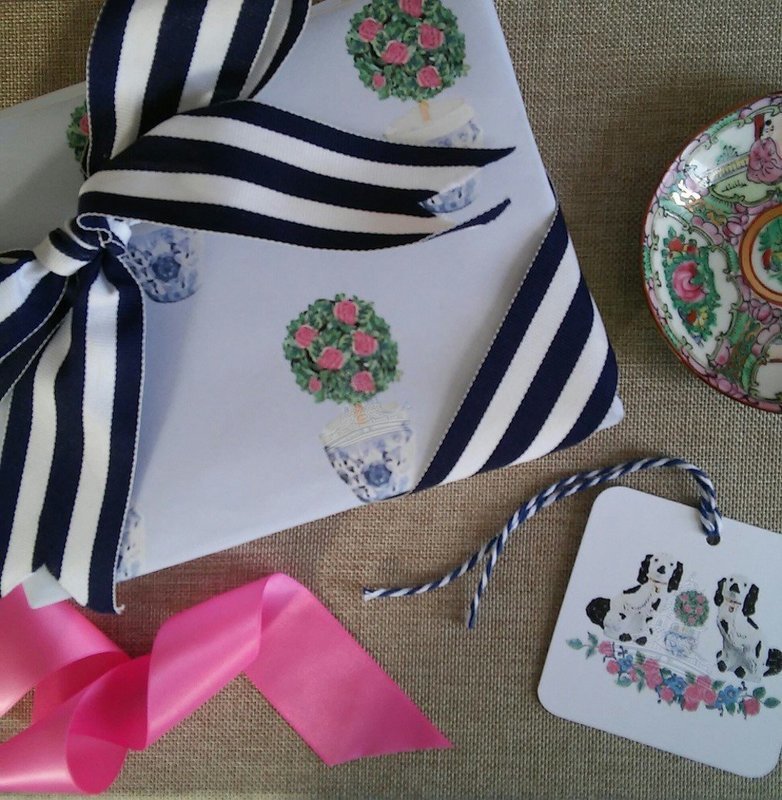 Chinoiserie Rose Topiary on French Blue Gift Wrapping Paper by Letterworth