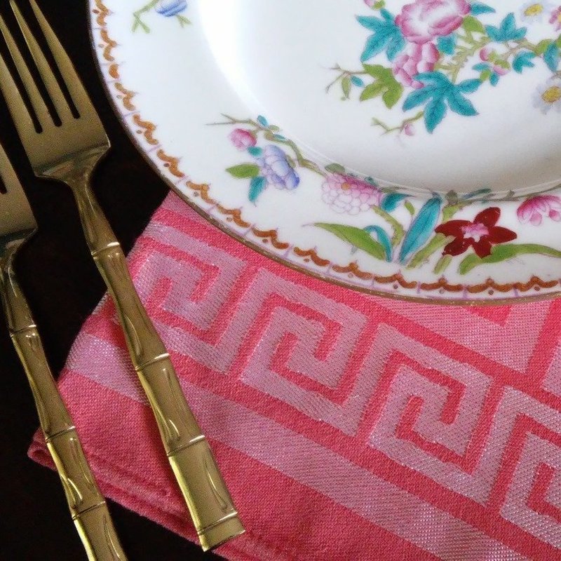 Vintage Damask Napkins Coral Greek Key (Set of 10)