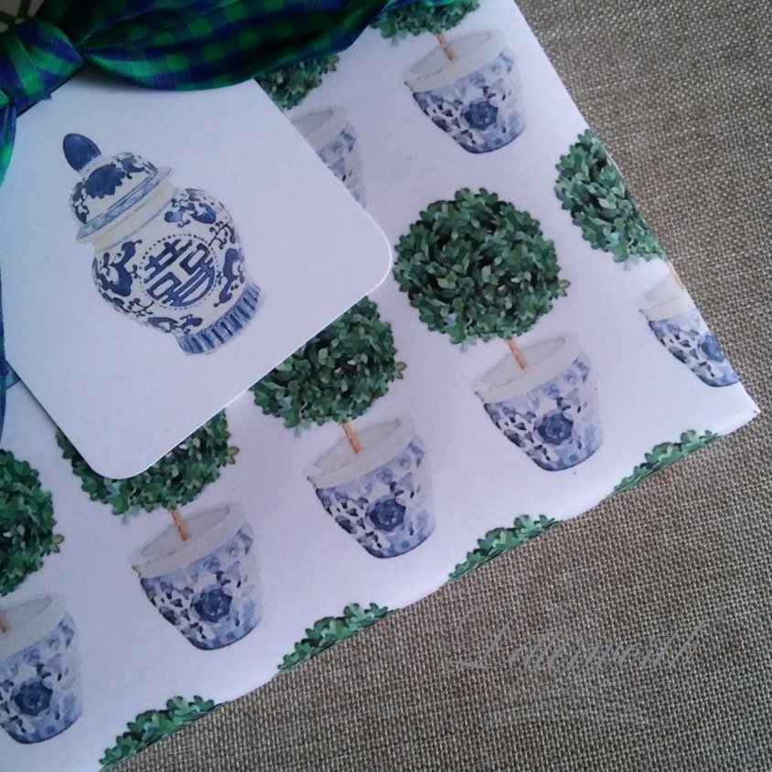 Chinoiserie Topiary in Blue and White Cachepot Gift Wrapping Paper by Letterworth