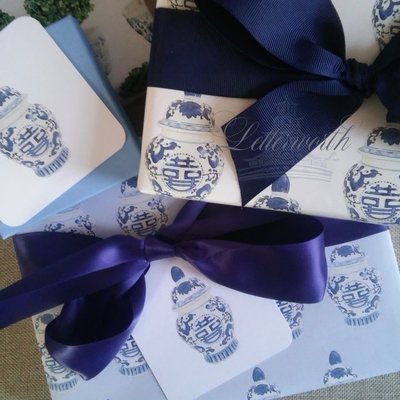 Blue and White Chinoiserie Ginger Jar on French Blue Gift Wrapping Paper by Letterworth