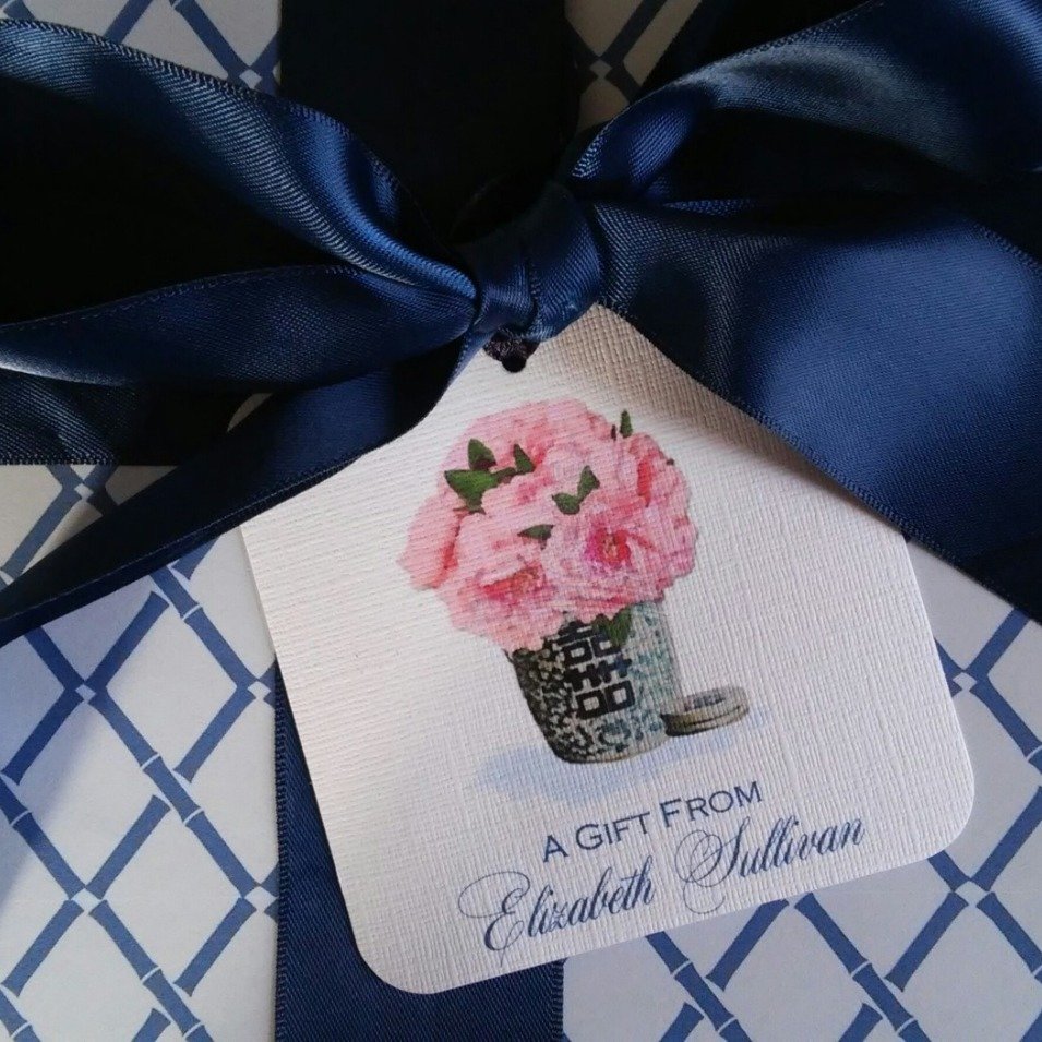 Pink Peonies in Blue and White Ginger Jar Chinoiserie Gift Tags by Letterworth (Set of 12)