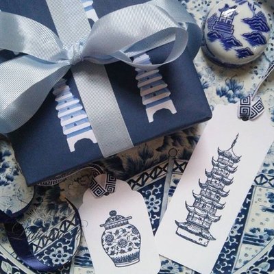 Hand-Embossed Blue Pagoda Chinoiserie Gift Tags by Letterworth (Set of 10)