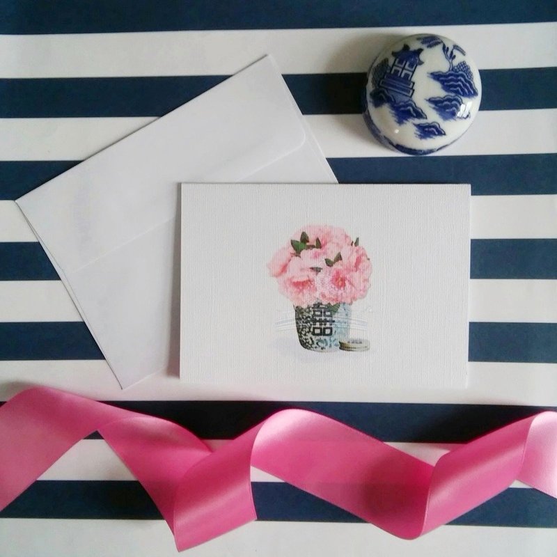 Pink Peonies in Chinoiserie Ginger Jar Watercolor Note Cards by Letterworth (Set of 8)