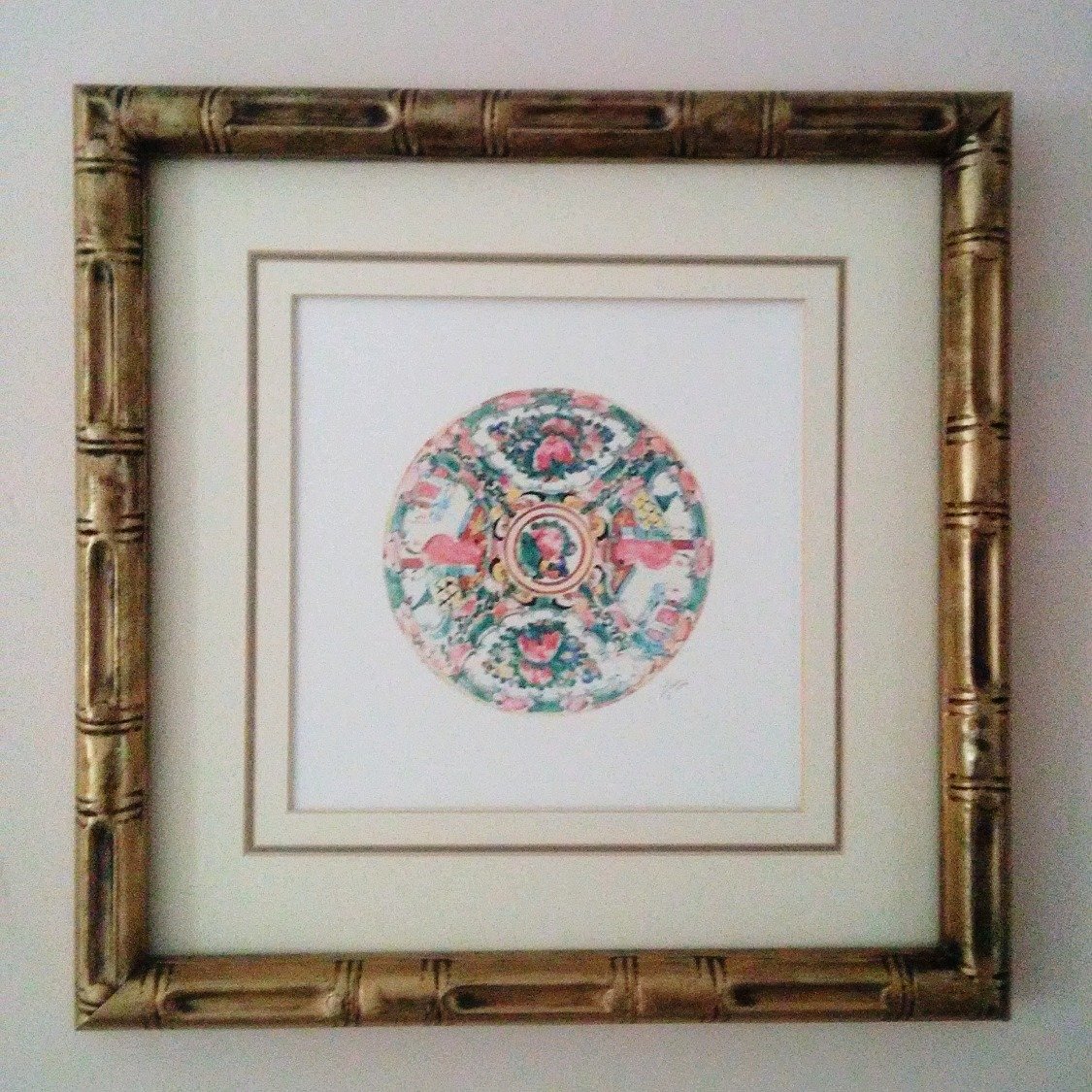 Rose Medallion Watercolor Giclée Print Matted in Gold Faux Bamboo Frame by Letterworth