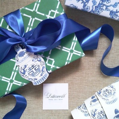 Green and White Chinoiserie Fretwork Gift Wrapping Paper by Letterworth
