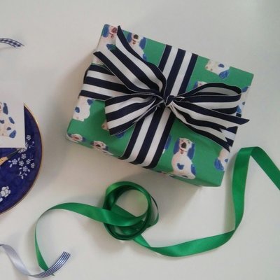 Blue and White Staffordshire Dog on Kelly Green Gift Wrapping Paper by Letterworth