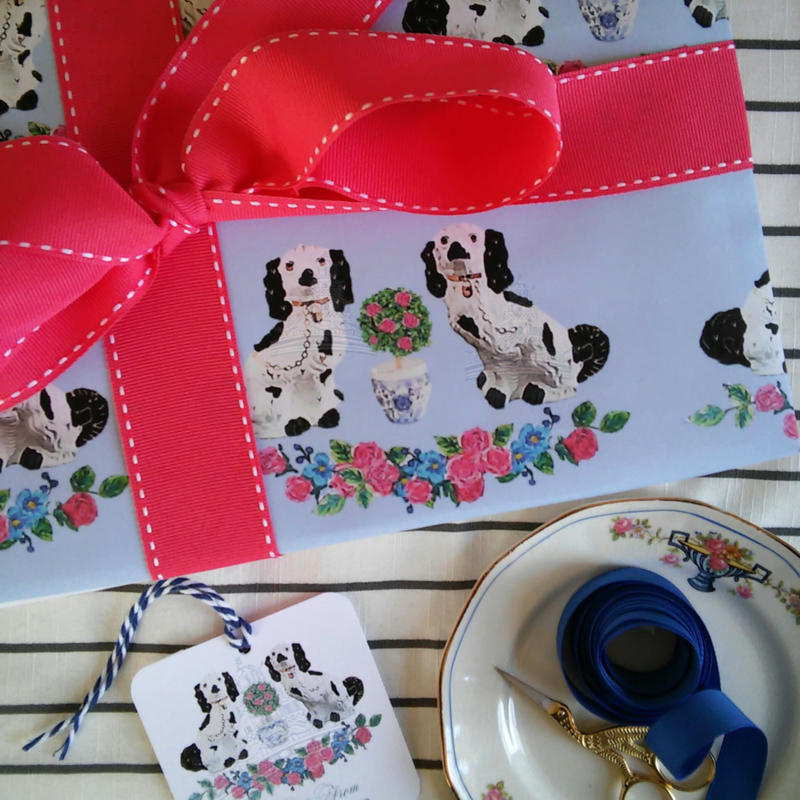 Spring Staffordshire Dogs on French Blue Gift Wrapping Paper by Letterworth