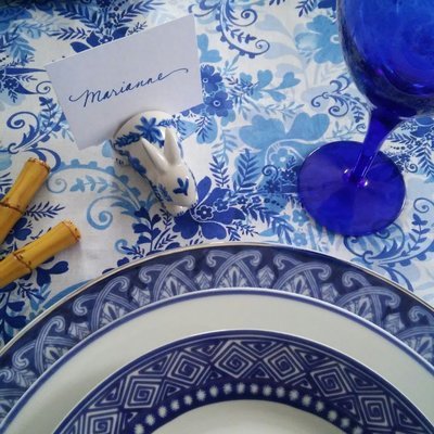 Hand-Painted Blue and White Porcelain Chinoiserie Rabbit Place Card Holders (Set of 4)