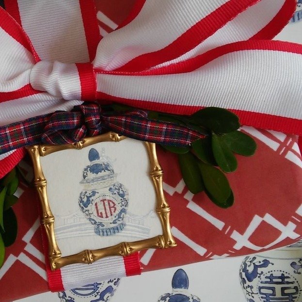 Red and White Chinoiserie Bamboo Fretwork Gift Wrapping Paper by Letterworth