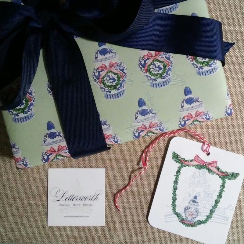 Chinoiserie Ginger Jar Green Holiday Gift Wrapping Paper by Letterworth