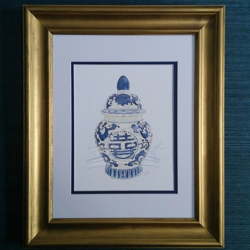 Double Happiness Ginger Jar Watercolor Giclée Print Matted in Gold Frame by Letterworth