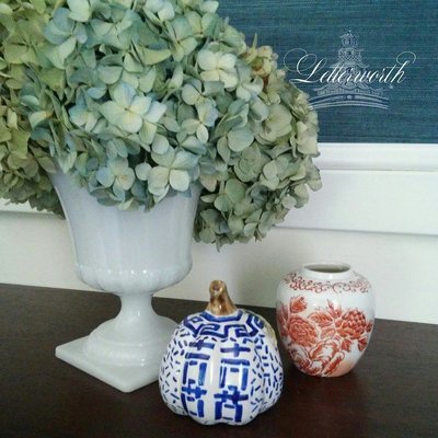 Hand-Painted Blue and White Porcelain Chinoiserie Double Happiness Miniature Pumpkin by Letterworth