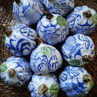 Hand-Painted Blue and White Porcelain Chinoiserie Miniature Pumpkin by Letterworth