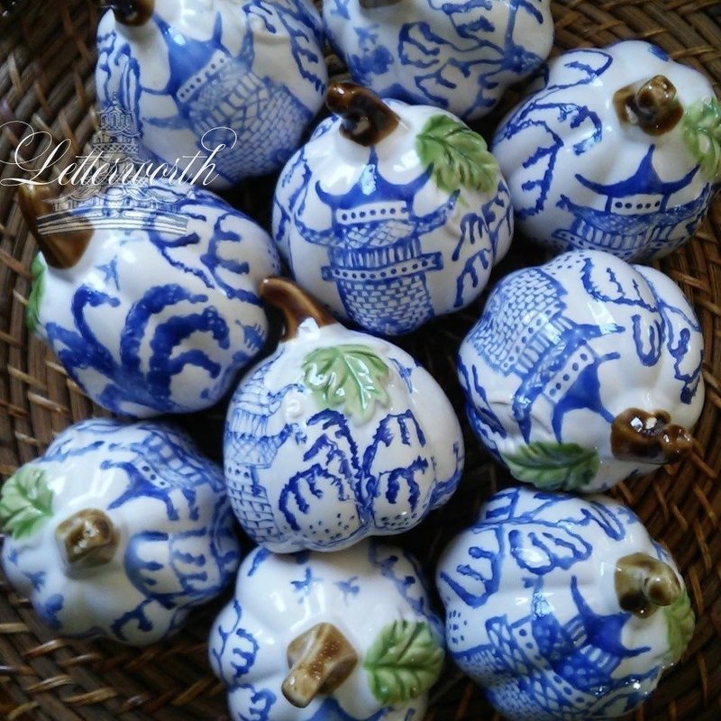 Hand-Painted Blue and White Porcelain Chinoiserie Miniature Pumpkin by Letterworth