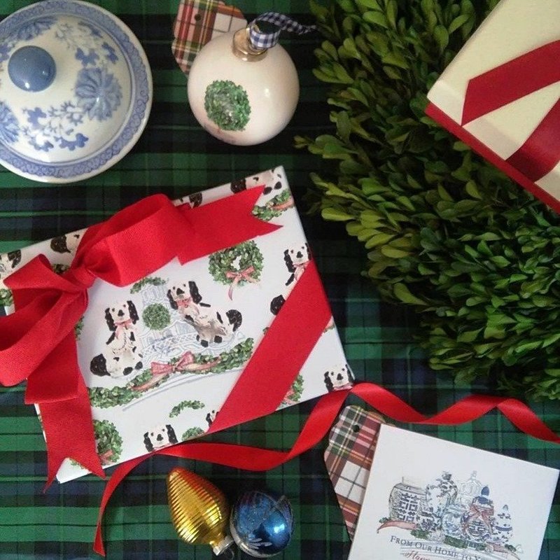 Holiday Staffordshire Dogs on French Blue Gift Wrapping Paper by Letterworth