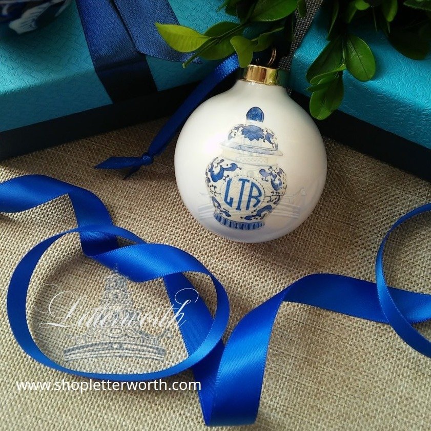 Chinoiserie Ginger Jar Monogrammed Porcelain Ball Ornament by Letterworth