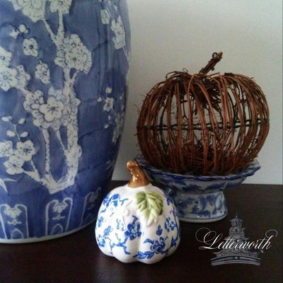 Hand-Painted Blue and White Floral Porcelain Chinoiserie Miniature Pumpkin by Letterworth