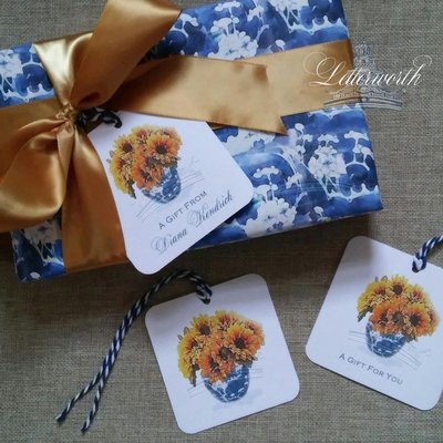 Sunflowers in Blue and White Porcelain Vase Chinoiserie Watercolor Gift Tags by Letterworth (Set of 12)
