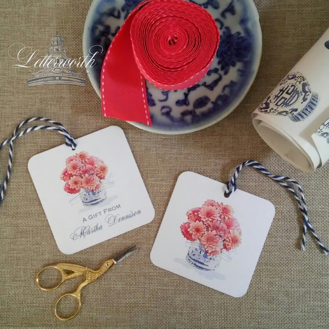 Dahlias in Blue and White Porcelain Cachepot Chinoiserie Watercolor Gift Tags by Letterworth (Set of 12)