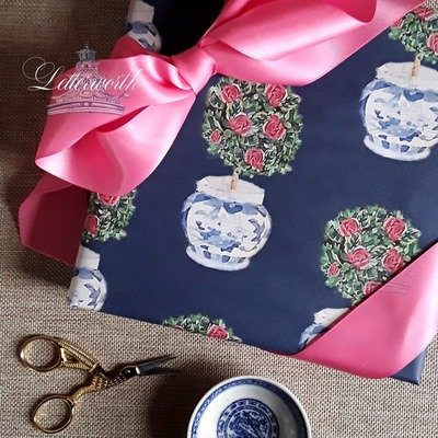 Rose Topiary on Navy Blue Gift Wrapping Paper by Letterworth