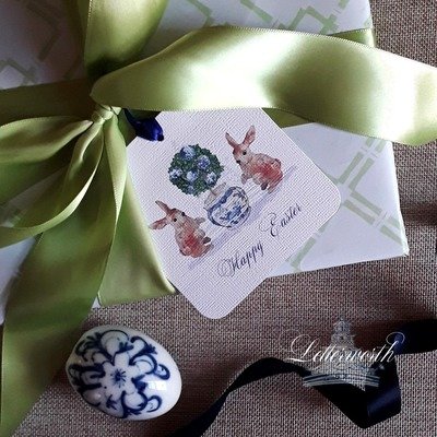 Rabbit Blue and White Easter Egg Topiary Watercolor Gift Tags by Letterworth (Set of 12)