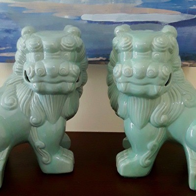Celadon Green Porcelain Foo Dog/Guardian Lion Figurines - A Pair