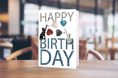 Happy Birthday – Tartan Cats &amp; Hearts Card