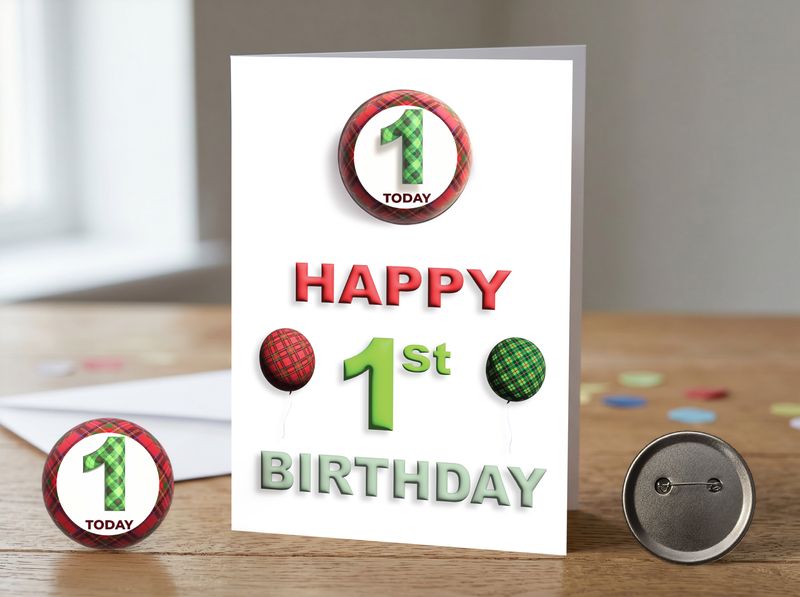 Happy 1st Birthday Card (Male) with Detachable Badge