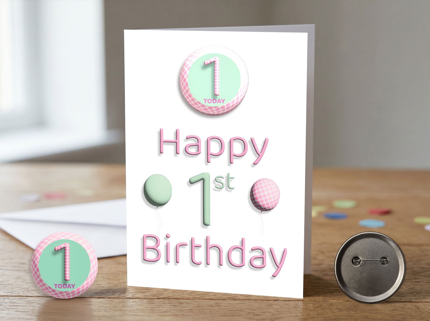 Happy 1st Birthday Card (Female) with Detachable Badge