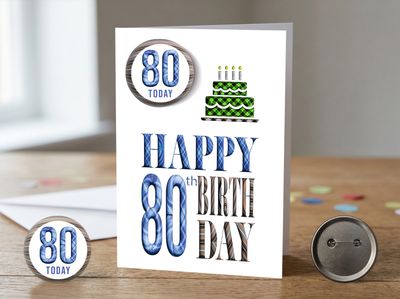 Happy 80th Birthday Card (Male) with Detachable Badge