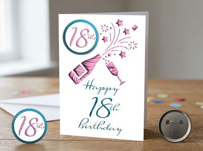 Happy 18th Birthday Card (Blue &amp; Pink) (Female) with Detachable Badge