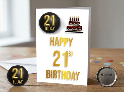 Happy 21st Birthday Card (Gold Text) (Male) with Detachable Badge