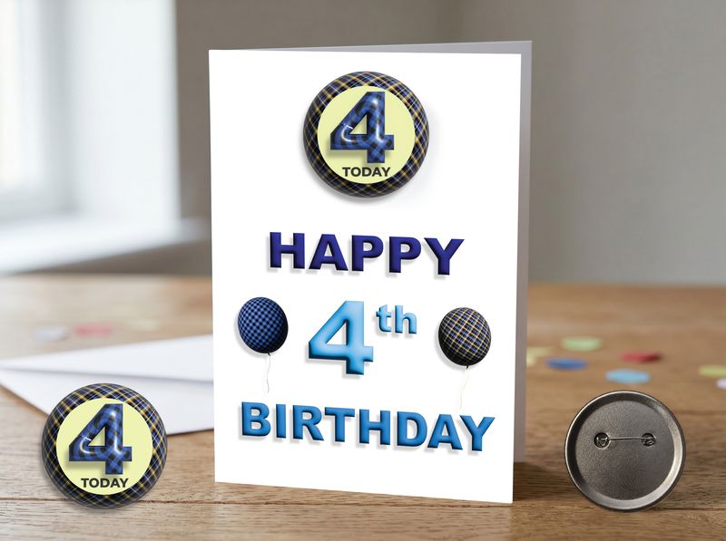 Happy 4th Birthday Card (Male) with Detachable Badge