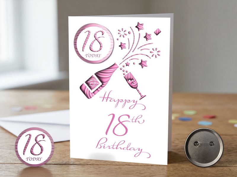 Happy 18th Birthday Card (Pink) (Female) with Detachable Badge