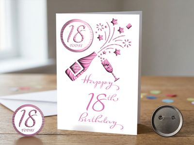 Happy 18th Birthday Card (Pink) (Female) with Detachable Badge