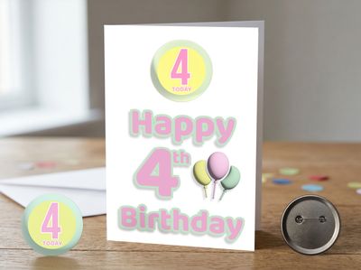 Happy 4th Birthday Card (Female) with Detachable Badge
