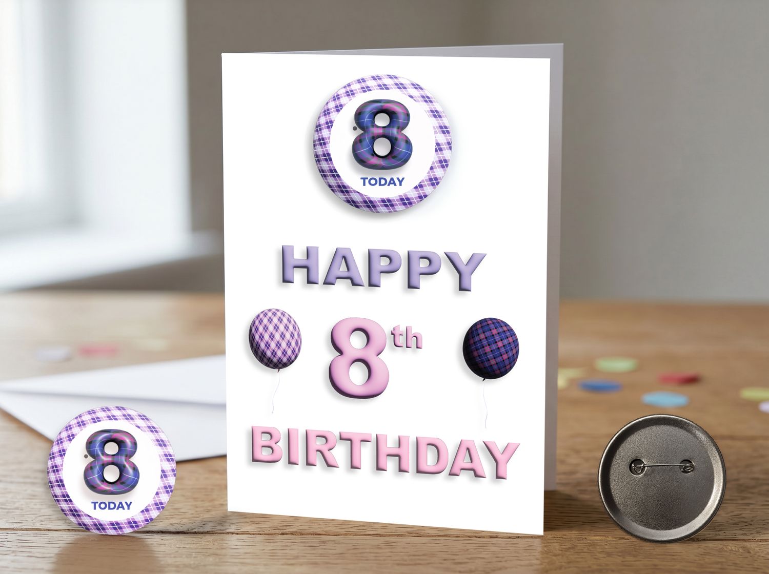 Happy 8th Birthday Card (Female) with Detachable Badge