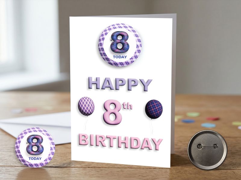 Happy 8th Birthday Card (Female) with Detachable Badge