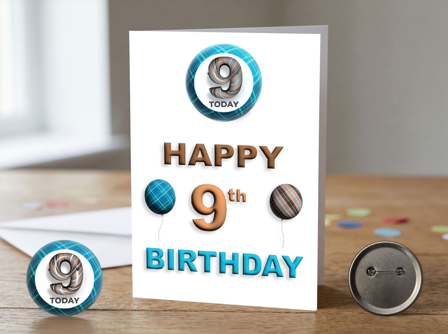 Happy 9th Birthday Card (Male) with Detachable Badge
