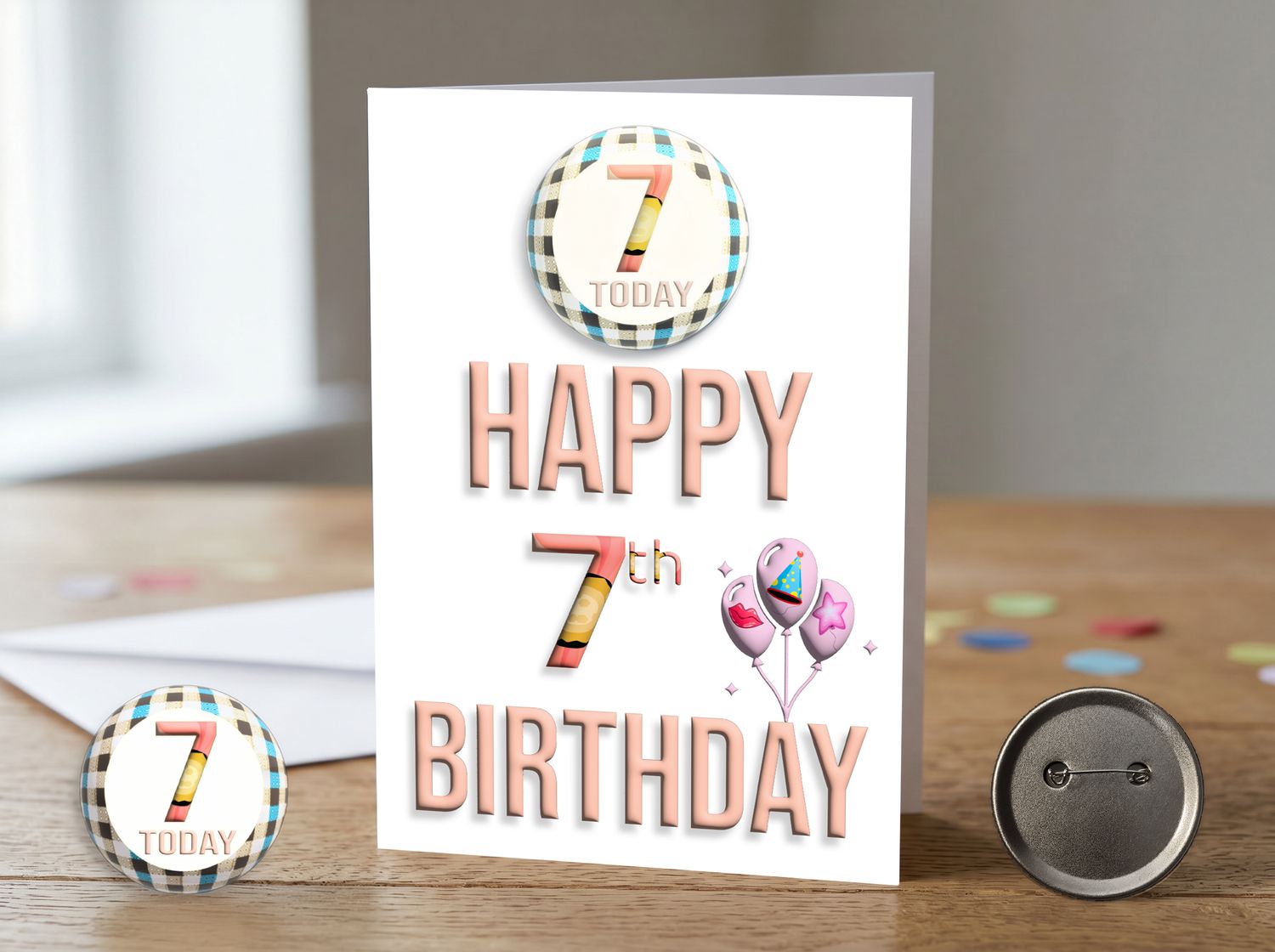 Happy 7th Birthday Card (Female) with Detachable Badge