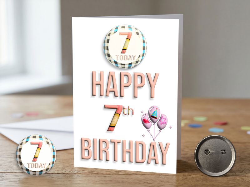 Happy 7th Birthday Card (Female) with Detachable Badge