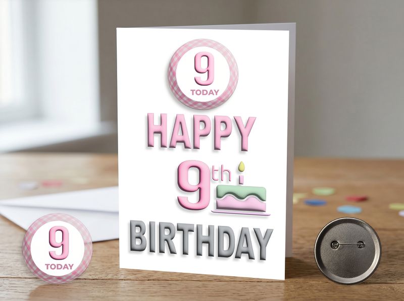 Happy 9th Birthday Card (Female) with Detachable Badge