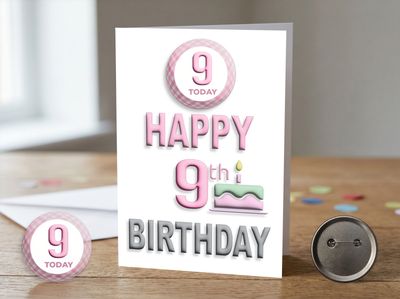 Happy 9th Birthday Card (Female) with Detachable Badge