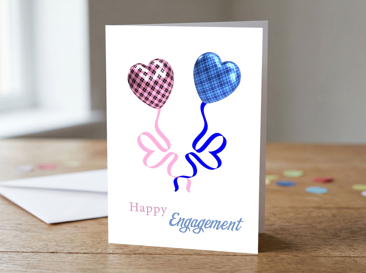 Happy Engagement Greetings Card – Tartan Heart Balloon Design (Pink &amp; Blue) (5 × 7 Inch)