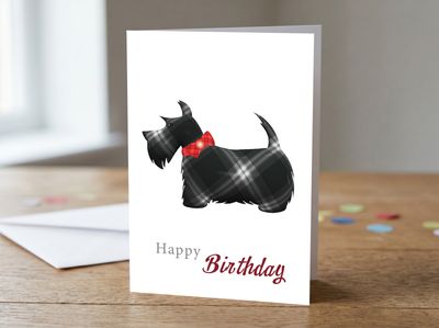 Tartan Scottie Dog (Black &amp; Red) Happy Birthday Card – 5x7 Greetings Card