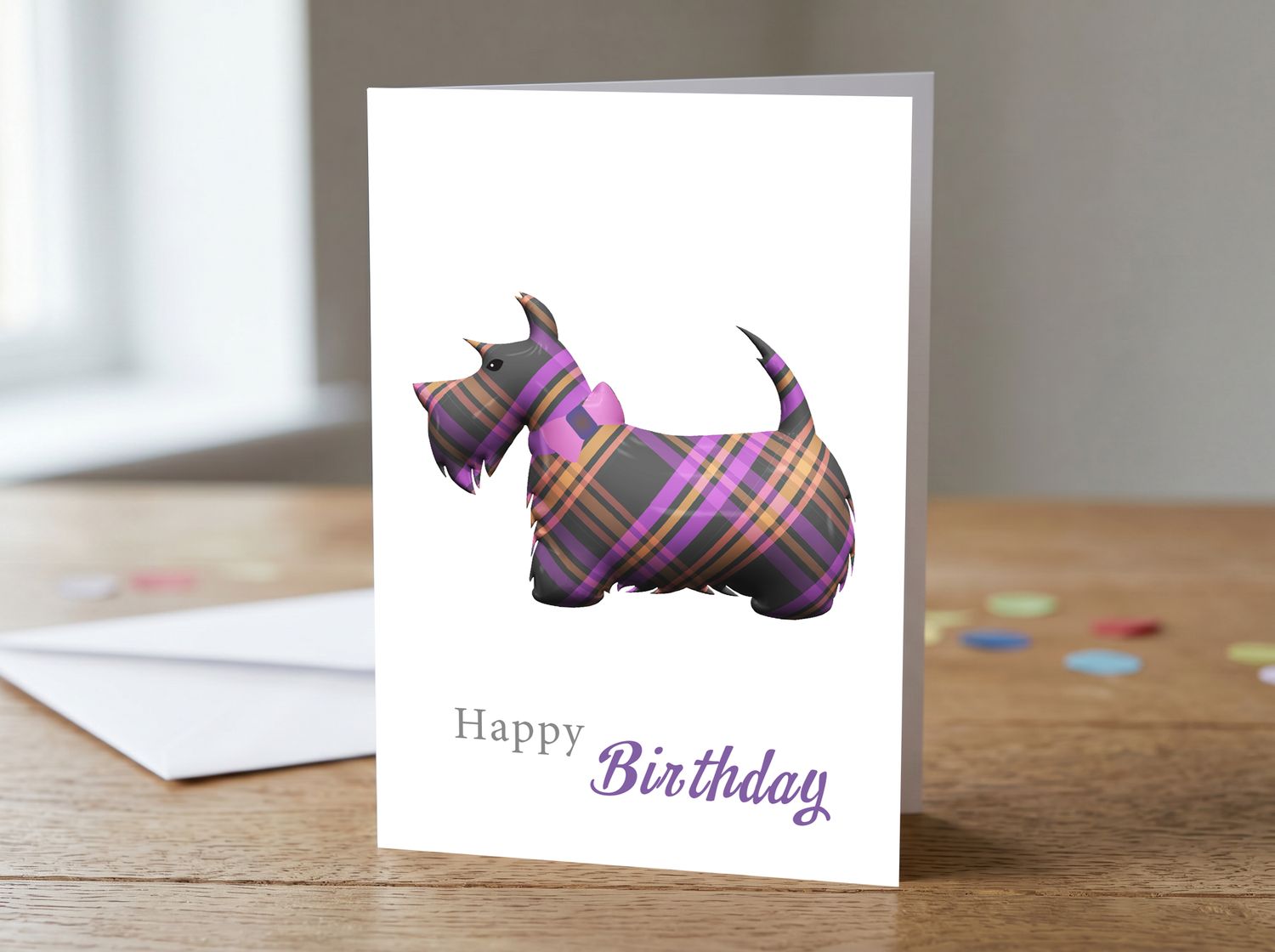 Tartan Scottie Dog (Purple) Happy Birthday Card – 5x7 Greetings Card