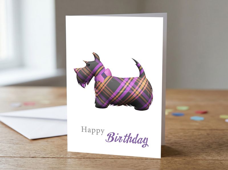 Tartan Scottie Dog (Purple) Happy Birthday Card – 5x7 Greetings Card
