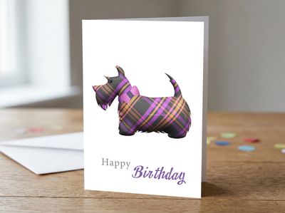 Tartan Scottie Dog (Purple) Happy Birthday Card – 5x7 Greetings Card