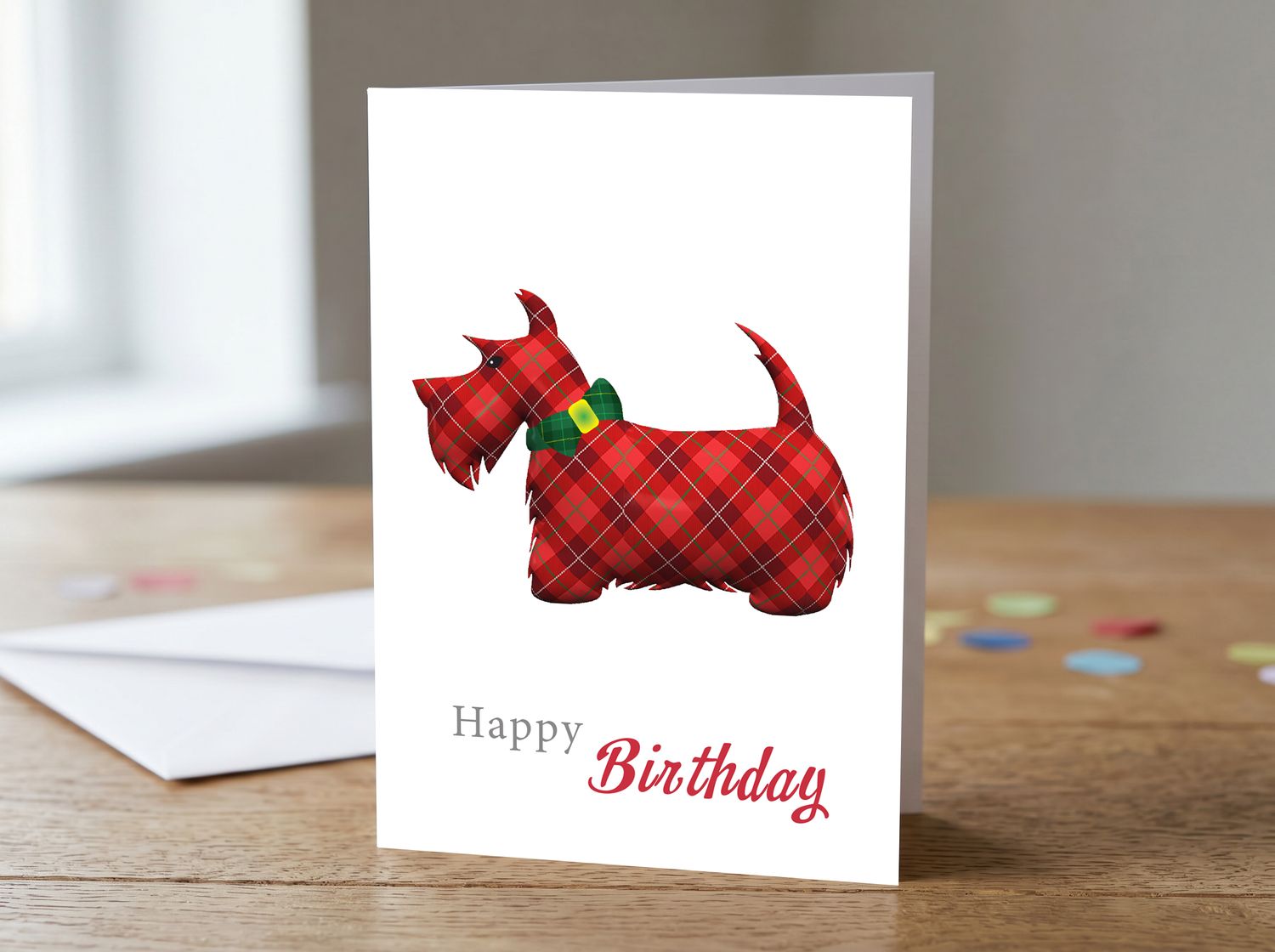 Tartan Scottie Dog (Red) Happy Birthday Card – 5x7 Greetings Card